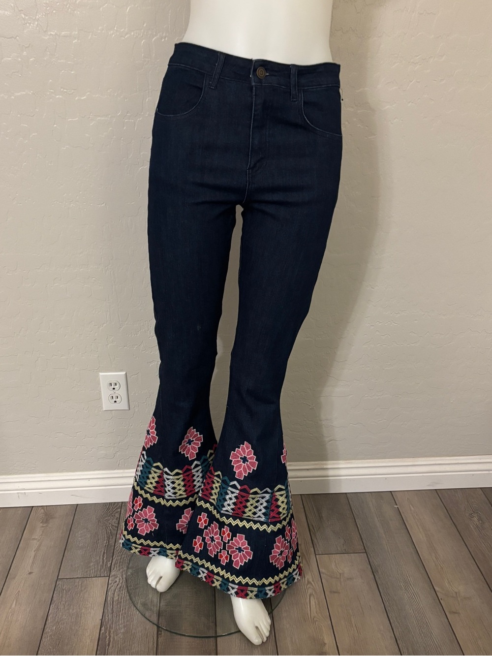 Saints & Hearts Embroidered Bell Bottom Jeans Medium
